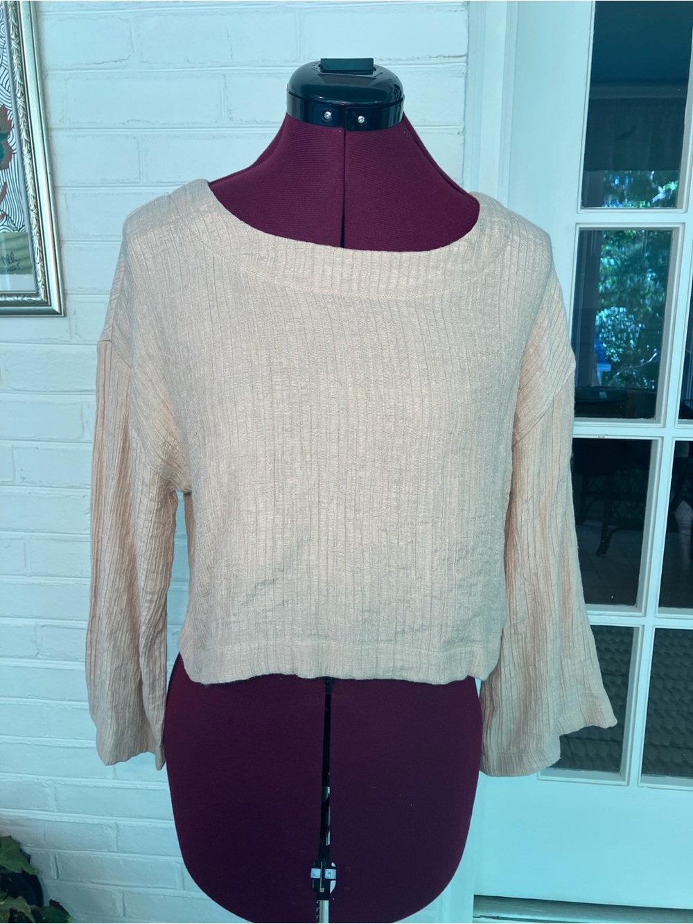 Blu Pepper Cream Gold Ribbed Boatneck Cropped Blouse Small
